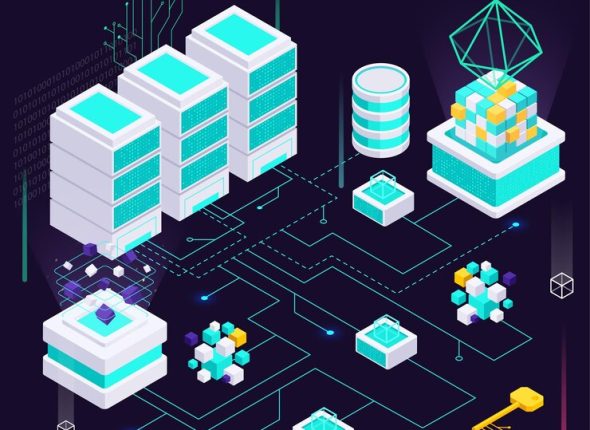 data-economy-isometric-composition-with-flowchart-digital-keys-neon-glowing-holograms-cubes-server-racks-vector-illustration_1284-79927
