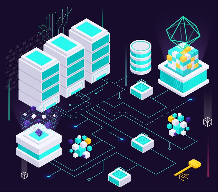 data-economy-isometric-composition-with-flowchart-digital-keys-neon-glowing-holograms-cubes-server-racks-vector-illustration_1284-79927