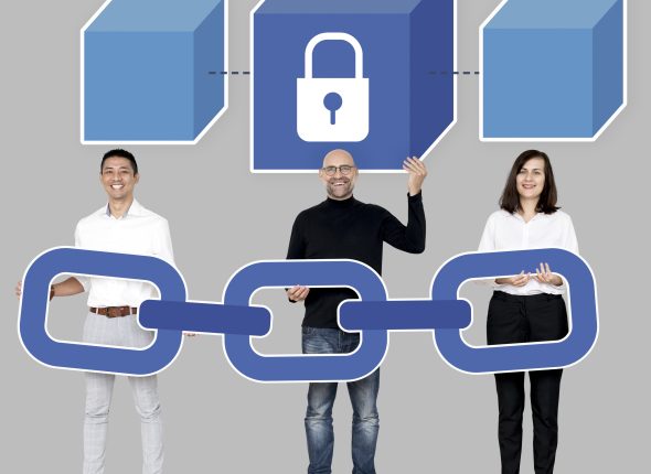 Group of diverse people with block chain cryptography