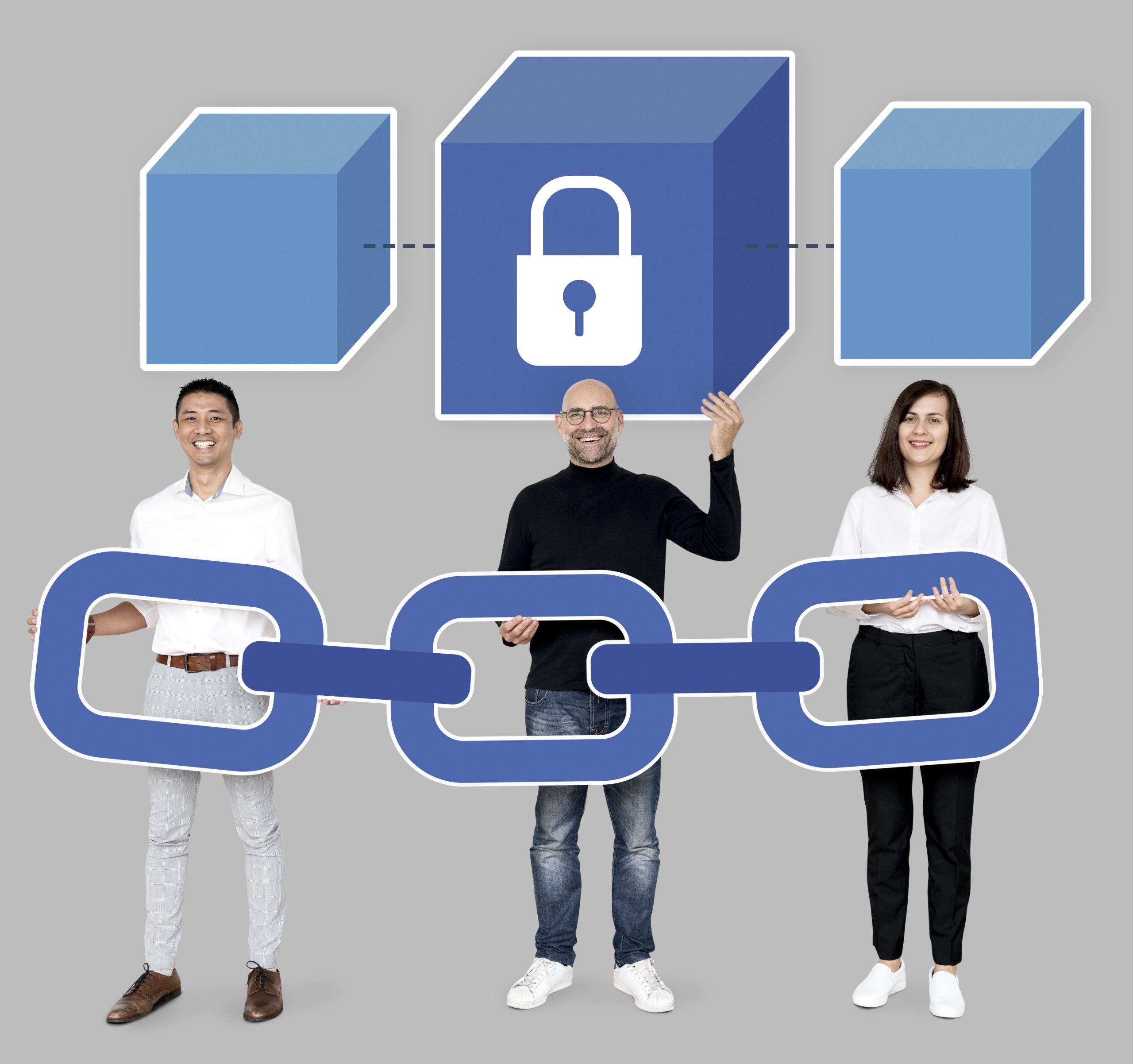 Group of diverse people with block chain cryptography